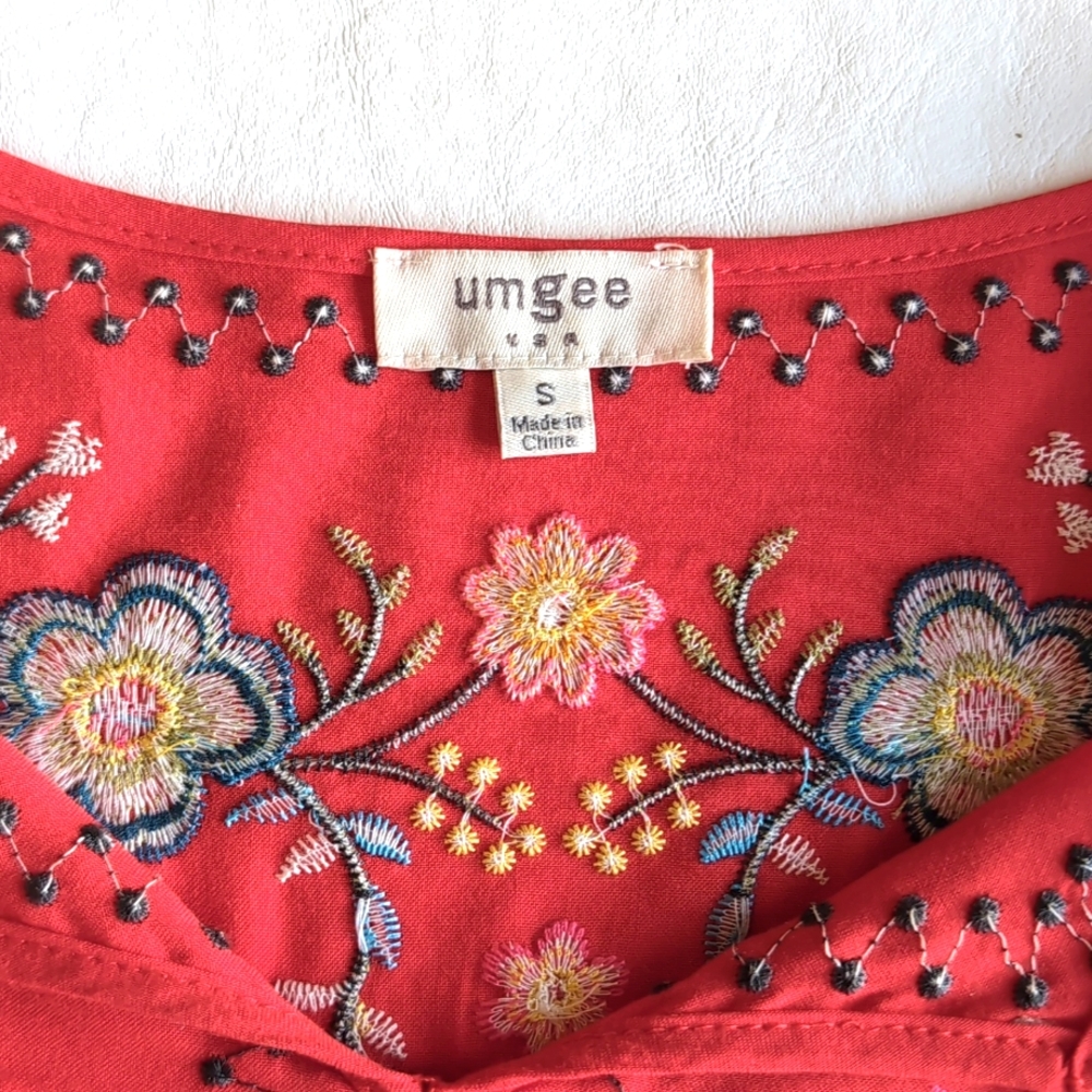 Umgee Red Peasant Embroidered Tunic Top Mini Dress Women's Size Small - Picture 3 of 9